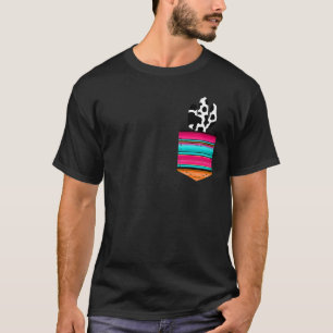 Cow Cactus In Serape Pocket Print Turquoise T-Shirt
