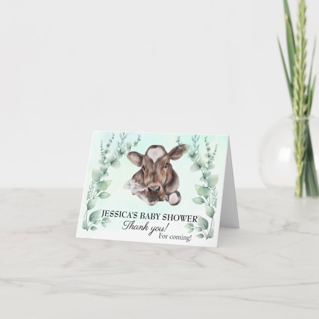 Cow Calf Baby Shower Eucalyptus  Thank You Card (Front)