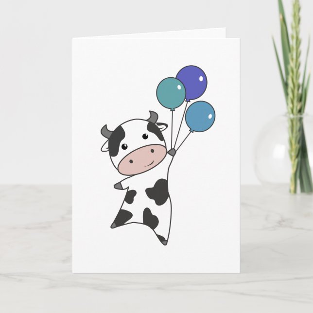 Cow Calf Flies Balloons Cute Animals Card (Front)