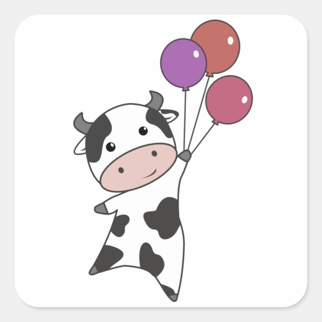 Cow Calf Flies Balloons Cute Animals Square Sticker (Front)