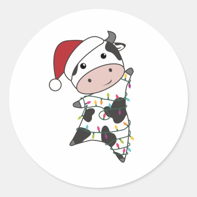 Cow Cheerful Christmas Winter Animals Cows Classic Round Sticker (Front)