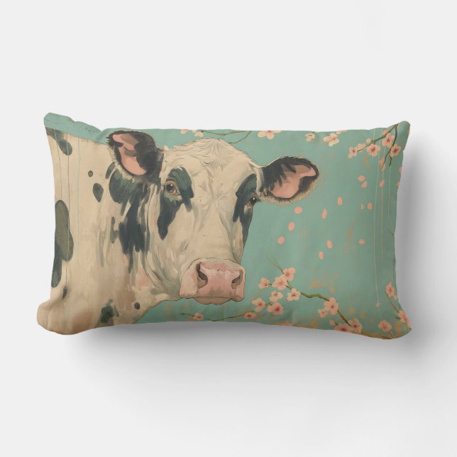 Cow & Cherry Blossoms Pastel Throw Pillow (Front)