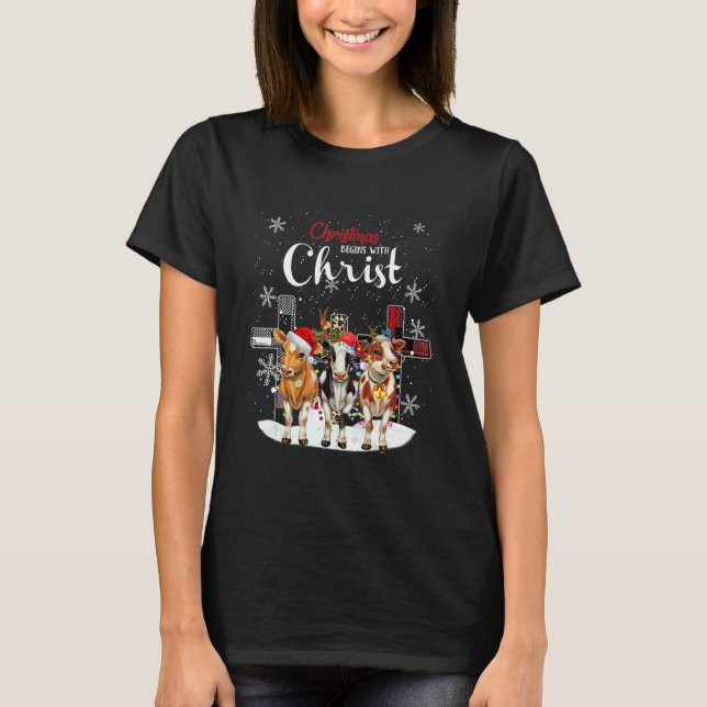 Cow Christmas Begins With Christ Cow  Christmas T-Shirt (Front)