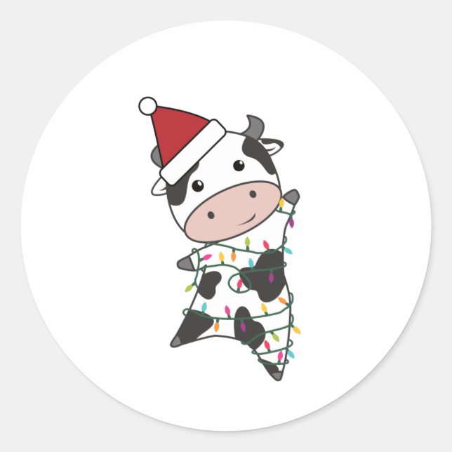 Cow Christmas Fairy Lights Cute Animals For Kids Classic Round Sticker (Front)