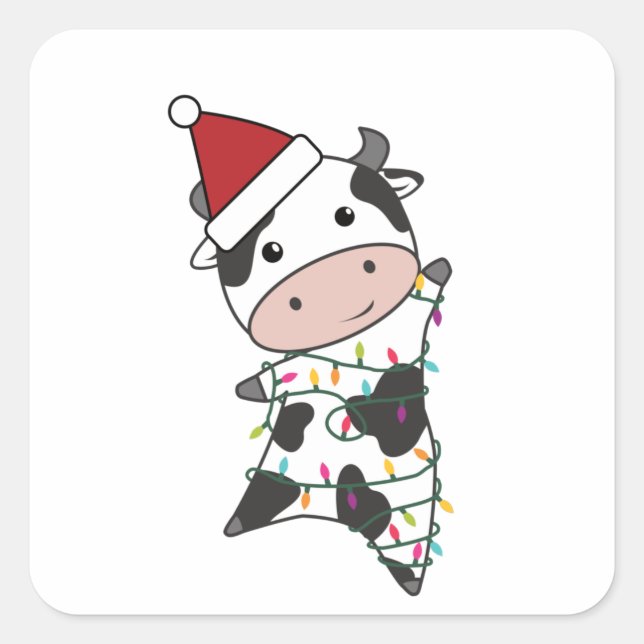Cow Christmas Fairy Lights Cute Animals For Kids Square Sticker (Front)