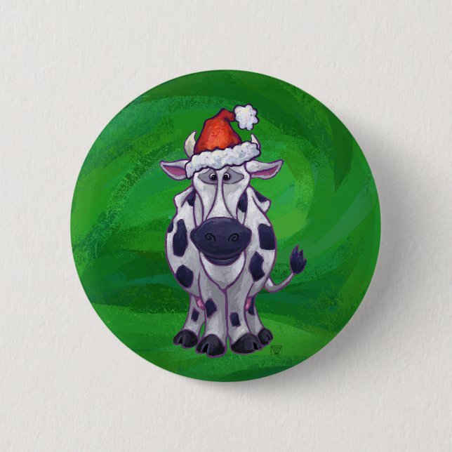 Cow Christmas On Green 2 Inch Round Button (Front)