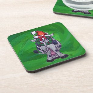 Cow Christmas On Green Coaster