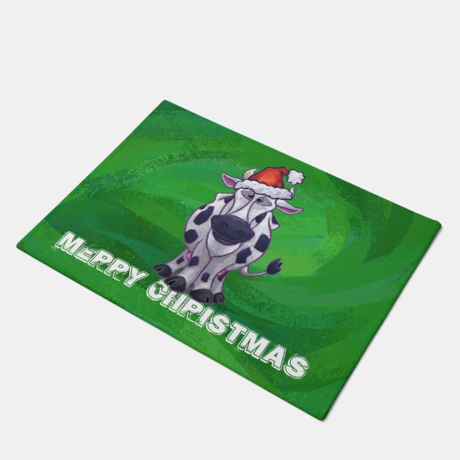 Cow Christmas On Green Doormat (Angled)
