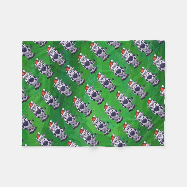 Cow Christmas On Green Fleece Blanket (Front (Horizontal))