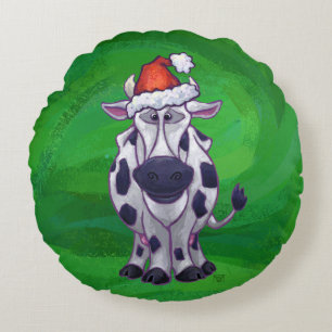 Cow Christmas On Green Round Pillow