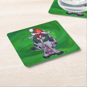 Cow Christmas On Green Square Paper Coaster