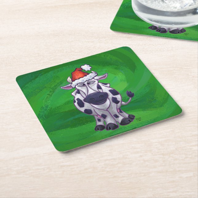 Cow Christmas On Green Square Paper Coaster (Angled)