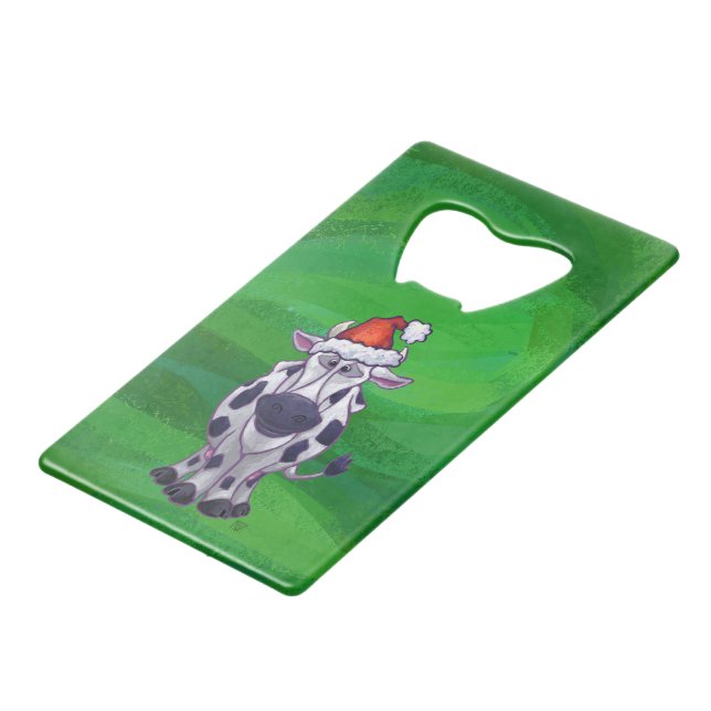 Cow Christmas On Green Wallet Bottle Opener (Front Angled)
