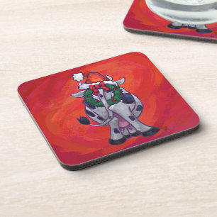 Cow Christmas on Red Feild Coaster
