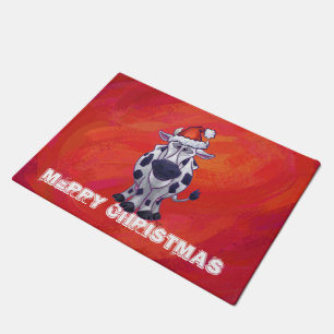 Cow Christmas on Red Feild Doormat