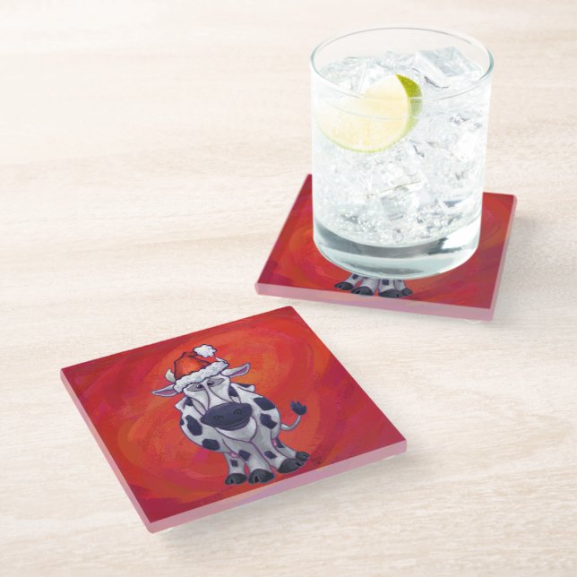 Cow Christmas on Red Feild Glass Coaster (Angled)