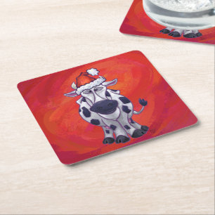 Cow Christmas on Red Feild Square Paper Coaster