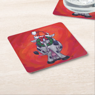 Cow Christmas on Red Feild Square Paper Coaster
