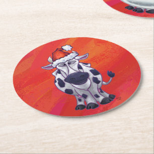 Cow Christmas Round Paper Coaster
