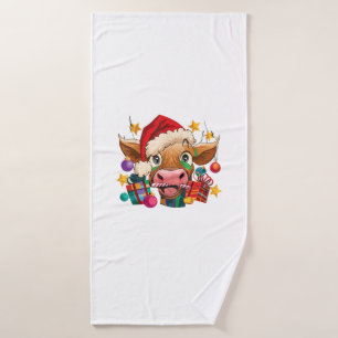 Cow Christmas Santa Hat Lights Christmas Tree Chri Bath Towel