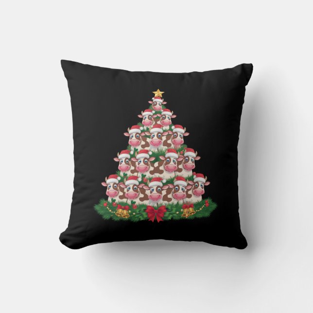 Cow Christmas Tree Funny Cow Lover Cow Xmas Throw Pillow (Front)
