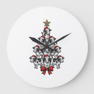 Cow Christmas Tree Vintage Engraving Holiday Farm Large Clock