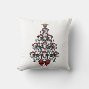 Cow Christmas Tree Vintage Engraving Holiday Farm  Throw Pillow