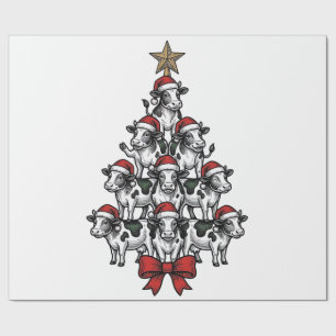Cow Christmas Tree Vintage Engraving Holiday Farm Wrapping Paper