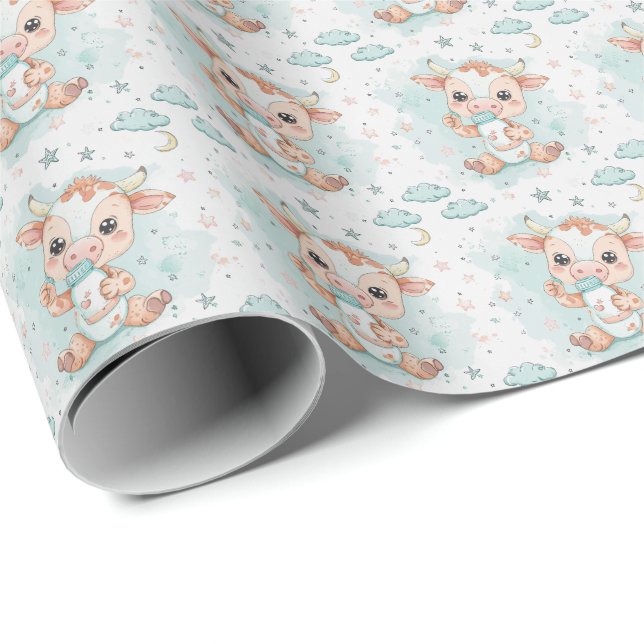 Cow Cute Baby Pastel Watercolor Pattern  Wrapping Paper (Roll Corner)