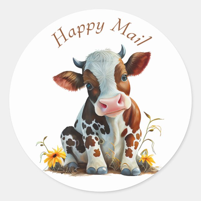 Cow Cute Brown and White Classic Round Sticker (Front)