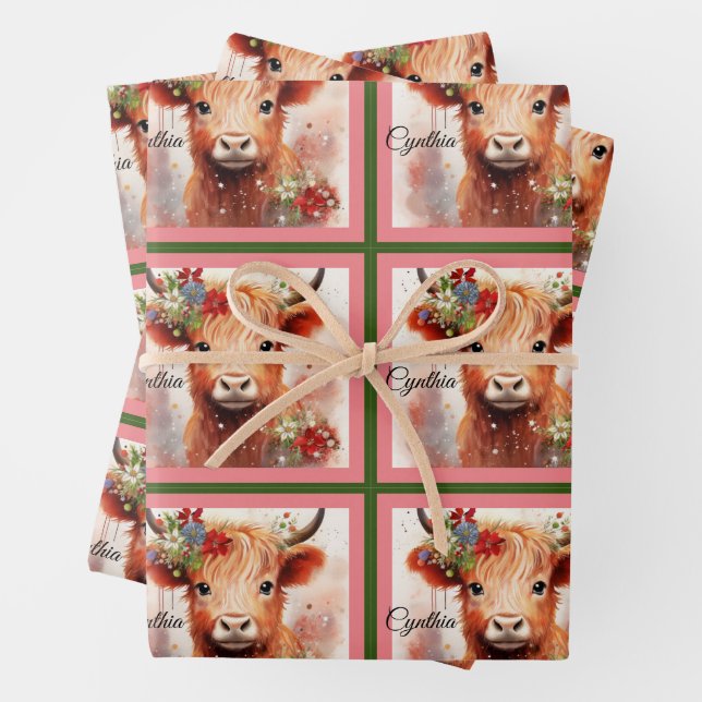 Cow Cute Christmas Baby Add Name Pink Wrapping Paper Sheet (In situ)