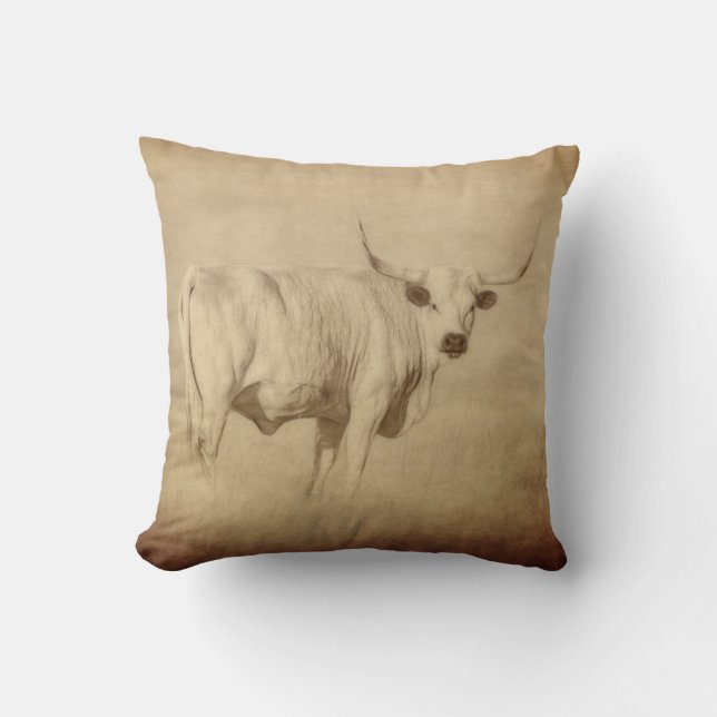 cow decor longhorn rustic country  farmhouse sepia throw pillow (Front)