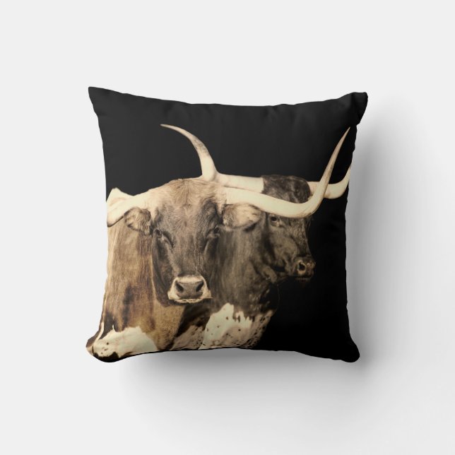 cow decor longhorns sepia tones on black throw pillow (Front)