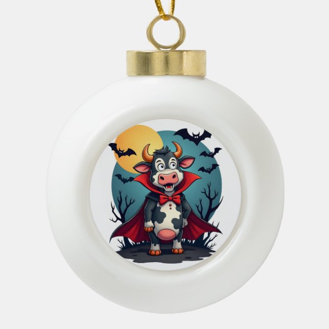 Cow Dracula Rises Ceramic Ball Christmas Ornament (Front)