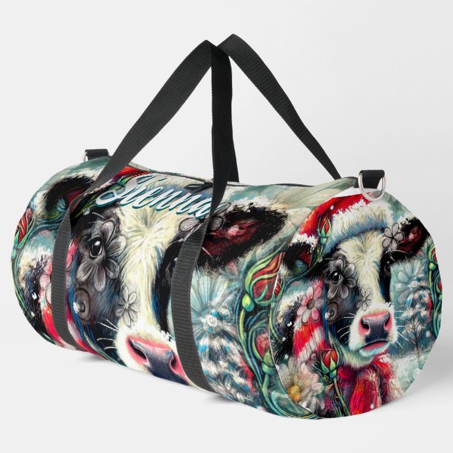 Cow Dreaming of Warmer Times Floral Personalized Duffle Bag (Left Corner)