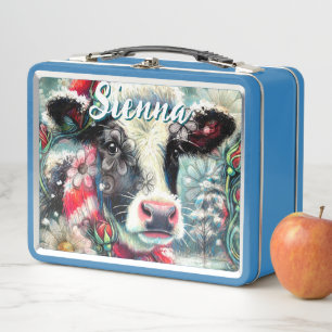 Cow Dreaming of Warmer Times Floral Personalized Metal Lunch Box