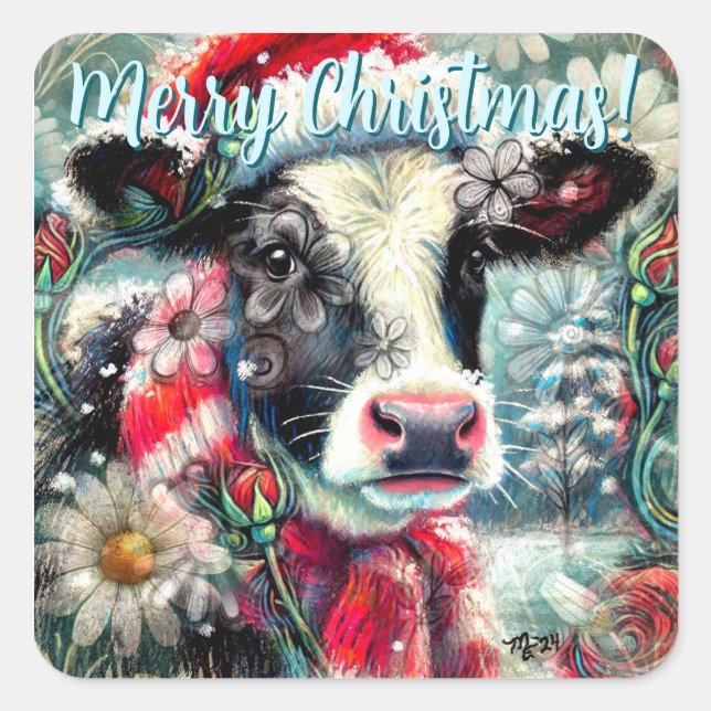 Cow Dreaming of Warmer Times Floral Personalized Square Sticker (Front)