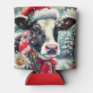 Cow Dreaming of Warmer Times Teal Red Floral Can Cooler