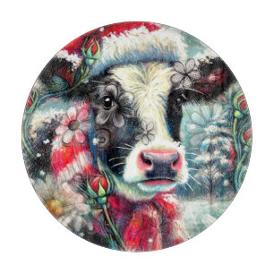 Cow Dreaming of Warmer Times Teal Red Floral Cutting Board