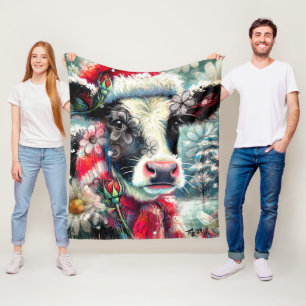 Cow Dreaming of Warmer Times Teal Red Floral Fleece Blanket