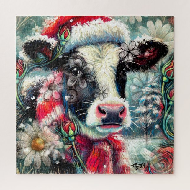 Cow Dreaming of Warmer Times Teal Red Floral Jigsaw Puzzle (Vertical)