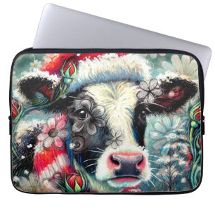 Cow Dreaming of Warmer Times Teal Red Floral Laptop Sleeve