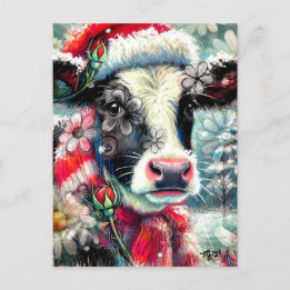 Cow Dreaming of Warmer Times Teal Red Floral Postcard