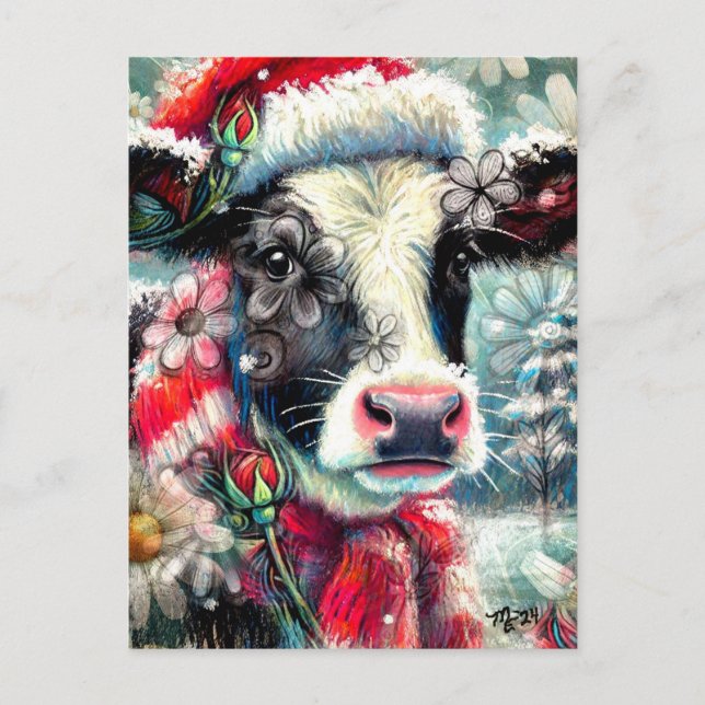 Cow Dreaming of Warmer Times Teal Red Floral Postcard (Front)