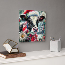 Cow Dreaming of Warmer Times Teal Red Floral Square Wall Clock