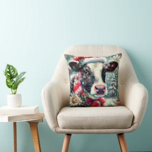 Cow Dreaming of Warmer Times Teal Red Floral Throw Pillow