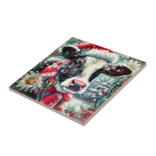 Cow Dreaming of Warmer Times Teal Red Floral Tile (Side)