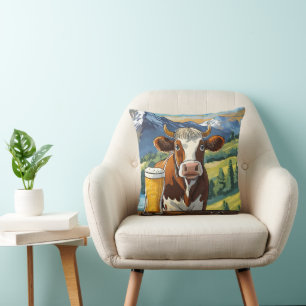 Cow Drinking Beer Pillow! Throw Pillow