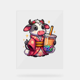 Cow Drinking Bubble Tea Japanese Kimono _1_1 Acrylic Sign
