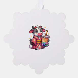 Cow Drinking Bubble Tea Japanese Kimono _1_1 Ornament Card
